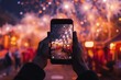 Mobile take photo Chinese New Year 2024 festival decorations greeting card with Golden fireworks background. Traditional Chinese lanterns in night street market.