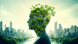 Thinking over sustainable environment and life in green city. Postproducted generative AI illustration.