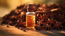 Star anise essential oil in bottle on wooden background. Generative AI