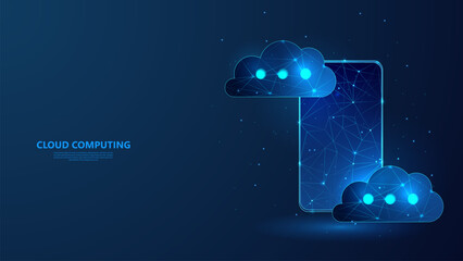 Poster - Cloud computing technology concept. Cloud storage smartphone data. Low poly wireframe style technology background.