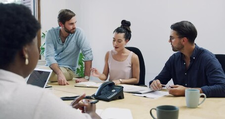 Aufkleber - Business people, meeting and documents in boardroom discussion, collaboration or planning at office. Diversity, group or team in project plan or explaining paperwork, ideas or schedule at workplace