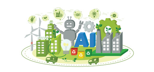 Wall Mural - Green technology concept. Artificial Intelligence, AI and robot help in sustainable development and eco friendly system. Environmental technology with icons. Vector illustration for web banner.