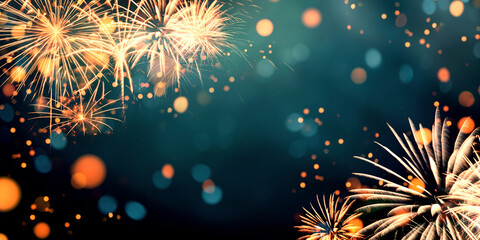 Wall Mural - gold and blue fireworks and bokeh in new year eve and copy space. abstract background holiday.