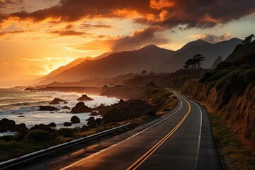 Sunset road along coastal mountains, beautiful sunrise image