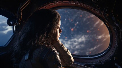 Intergalactic explorer's perspective: In her space suit, a female astronaut gazes out of the spaceship window at a vast planet, immersed in interstellar discovery.