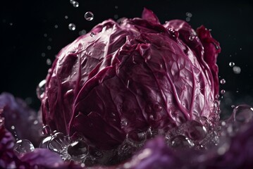 Poster - Red cabbage closeup. Colored and layered large vegetable falls water. Generate AI