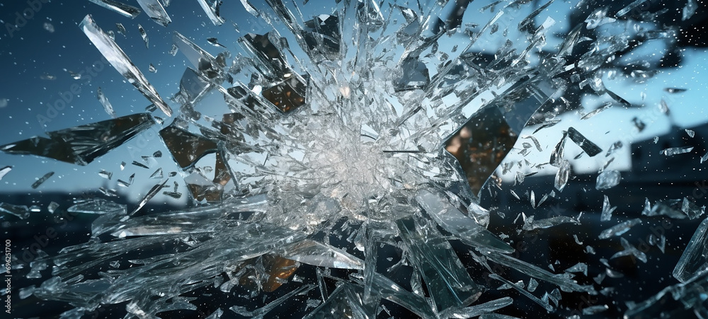 Shattered Glass Capturing Chaos in Frozen Fragments Of Broken Glass Flying in the Air Glass Pieces Exploding from the Center Shattered Mirror in Mid Air Frozen in Time Mirror Pieces Shattering in Air