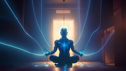 Poster - Digital era man meditating in neon wires, with consciousness connected to the world via technological structure. Generated AI