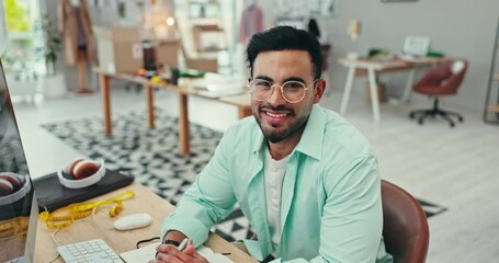 Poster - Face, startup and computer with designer man in office for creative planning or fashion retail project at a desk. Portrait, smile and happy entrepreneur in a small business workplace for employment