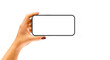 Woman hand holding smart phone with blank screen isolated on white. Template, mockup.