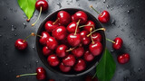 Fresh sweet cherries bowl with leaves in water drops on stone background, top view. Generative AI