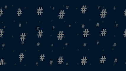 Poster - Hash symbols float horizontally from left to right. Parallax fly effect. Floating symbols are located randomly. Seamless looped 4k animation on dark blue background