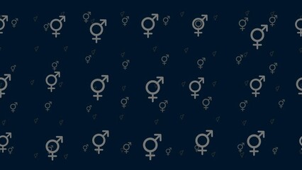 Poster - Bigender symbols float horizontally from left to right. Parallax fly effect. Floating symbols are located randomly. Seamless looped 4k animation on dark blue background