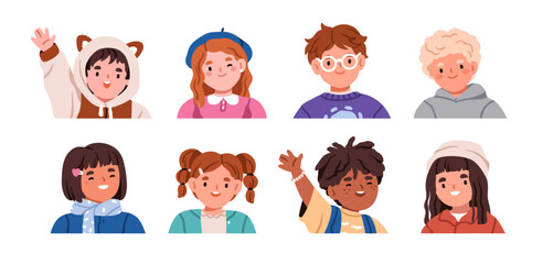 Poster - Happy cute children set. Smiling excited girls and boys, head portraits. School kids, child characters, cheerful joyful emotion, face expression. Flat vector illustrations isolated on white background