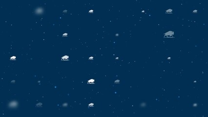 Poster - Template animation of evenly spaced wild buffalos of different sizes and opacity. Animation of transparency and size. Seamless looped 4k animation on dark blue background with stars