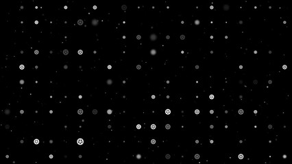 Poster - Template animation of evenly spaced car wheel symbols of different sizes and opacity. Animation of transparency and size. Seamless looped 4k animation on black background with stars