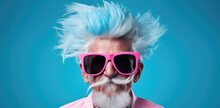 Eccentric elder with a wild blue mane and oversized pink sunglasses, exuding quirky charm and vitality.