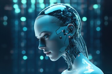 Wall Mural - 3d rendering of female cyborg with digital brain in blue background, A 3D rendering features a female robot with a hologram screen against a blue background, AI Generated