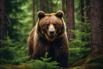 Poster - Brown bear in the forest at sunset. Portrait of a wild animal, A brown bear in the forest, depicted in a close-up view of a wild animal, AI Generated