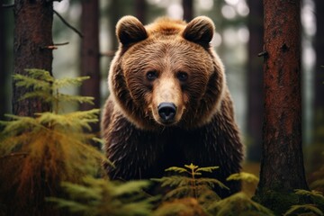 Poster - Brown bear in the forest at sunset time. Scientific name: Ursus arctos, A brown bear in the forest, depicted in a close-up view of a wild animal, AI Generated