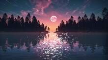 Lake In The Middle Of The Forest, In The Afternoon With Views Of The Moon And Sky Full Of Stars. Seamless Looping Time-lapse Virtual Video Animation Background.