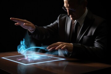 Poster - businessman working on tablet with world map hologram on dark background, a businessman uses a digit