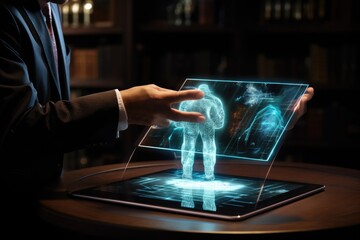 Poster - doctor working with tablet computer in dark office, closeup. medical concept, a businessman uses a d