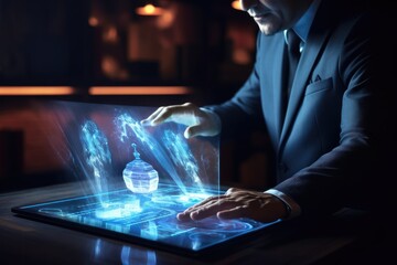 Poster - businessman working on laptop in dark office. 3d rendering, a businessman uses a digital tablet with