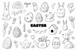 Set of Easter monochrome doodles, clip art, cartoon elements isolated on white background for coloring pages, prints, posters, cards, banners, scrapbooking, stickers, planners, etc. EPS 10