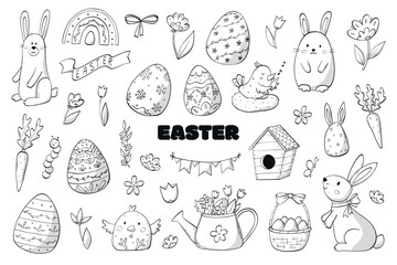 Wall Mural - Set of Easter monochrome doodles, clip art, cartoon elements isolated on white background for coloring pages, prints, posters, cards, banners, scrapbooking, stickers, planners, etc. EPS 10