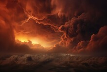 Fiery Orange Sunset Sky With Clouds. Dramatic Cloudscape, A Fire Hurricane Ravages The Cloudscape In The Sky, Visually Representing Climate Change-induced Apocalypse And Natural, AI Generated