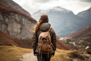 Sticker - Back view of a young woman with a backpack hiking in the mountains, A female hiker walking in the mountains, no visible faces, natural background, AI Generated