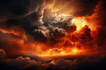 Wall Mural - Image of explosion and cloud with lightning at night. Collage, A fire hurricane ravages the cloudscape in the sky, visually representing climate change-induced apocalypse and, AI Generated