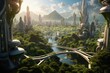 3D rendering of a fantasy city with a river and a bridge, A futuristic metropolis nestled in a lush jungle, showcasing harmony between nature and technology, AI Generated