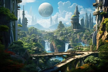 Poster - Fantasy fantasy landscape with fantasy alien planet. 3D illustration, A futuristic metropolis nestled in a lush jungle, showcasing harmony between nature and technology, AI Generated