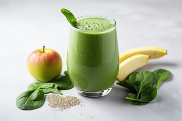 Poster - Glass of green smoothie with spinach, apple and banana on light background, A healthy green smoothie with chia seeds, spinach, and apple is presented on a light background, AI Generated