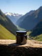 product shot of small black supplement jar with mountainous valley in background, natural lighting. generative AI