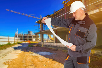 Poster - man builder. guy works as architectural engineer. worker near building under construction. architect