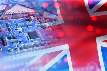 Poster - PCB close up. UK flag and PCB production equipment. Symbol of United Kingdom. Concept buying types from UK. Manufacture electronic components in factory in England. Chip PCB manufacturing plant in UK