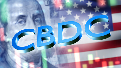 Poster - CBDC in USA. American flag. Franklin with dollar bills. Digitalization of economy of united states. CBDC logo. Central bank digital currency. CBDC economy. Electronic dollar. 3d image