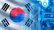 Microelectronics industry South Korea. Microchip under magnifying glass. PCB made in South Korea. Digital board. Microchip made in Seoul factory. South Korea flag. Microchip export concept. 3d image