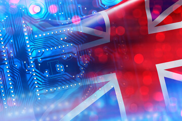 Poster - Microelectronics industry UK. Flag of United Kingdom. PCB board with UK symbol. Export of microelectronics concept. Computer processor. Microelectronics technologies in UK. Great Britain. 3d image