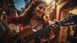 Mexican musician plays guitar and beautiful girl dancing on city fiesta.