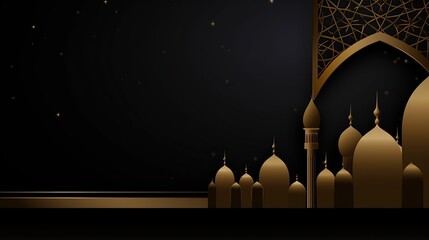 Wall Mural - silhouette of mosque for Islamic event day.Ramadan kareem card with dark blue,gold and red,evening with silhouette