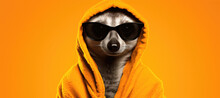 A Meerkat Donning Sunglasses And An Orange Hoodie, Posing With A Cool Demeanor Against An Orange Backdrop.