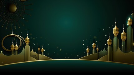 Wall Mural - silhouette of mosque for Islamic event day.Ramadan kareem card with dark blue,gold and red,evening with silhouette