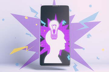 Poster - Close up of smartphone with creative digital head with puzzle on light background. Idea and solution concept. 3D Rendering.