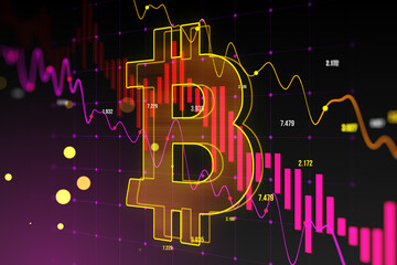 Poster - Creative falling purple candlestick forex chart and bitcoin on blurry backdrop. Crisis and finance concept. 3D Rendering.