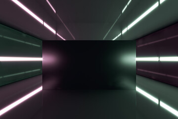 Poster - Abstract dark futuristic room with empty mock up place on wall and lights. Tunnel concept. 3D Rendering.
