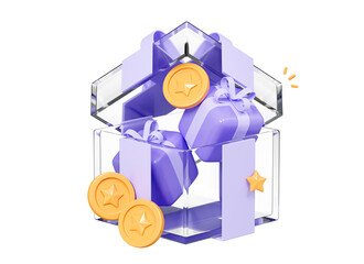 3D Open gift box with floating gold coins. Cash surprise box. Money prize reward. Casino or online game winner. Loyalty program concept. Cartoon design icon isolated on background. 3D Rendering